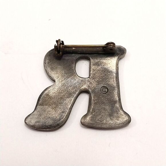 Pin Brooch "R" Metallic Gray With Hearts & Stars #J005 - Picture 5 of 5